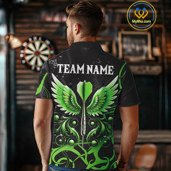 Black Green Custom Wings Darts Shirts For Men, Darts Jersey Pocket Option TDM4041