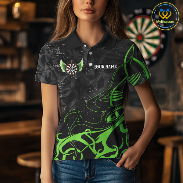 Black Green Custom Wings Darts Shirts For Women, Darts Jersey Pocket Option TDM4041