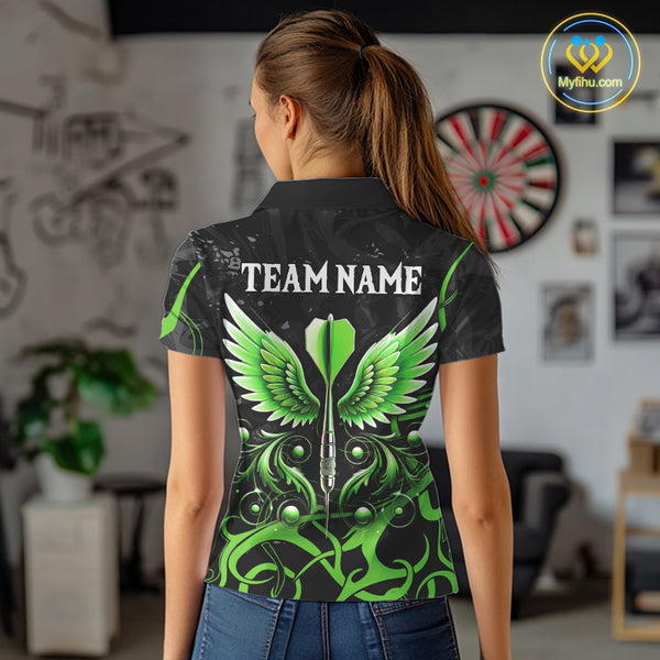 Black Green Custom Wings Darts Shirts For Women, Darts Jersey Pocket Option TDM4041