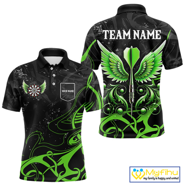 Black Green Custom Wings Darts Shirts For Men, Darts Jersey Pocket Option TDM4041