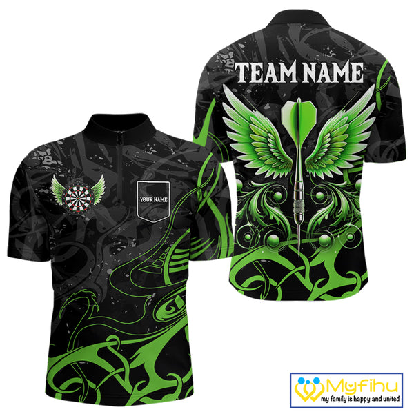 Black Green Custom Wings Darts Shirts For Men, Darts Jersey Pocket Option TDM4041