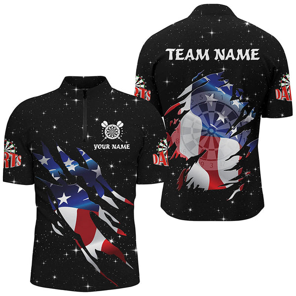 Personalized Galaxy American Flag Darts Shirts For Men Custom Patriotic Darts Team Jerseys |Black TDM2283