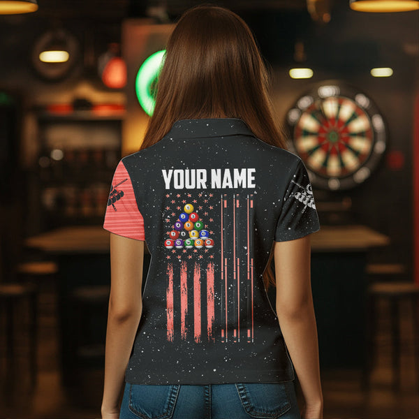 Customized Grunge American Flag 8 Ball Pool Women Billiard Polo Shirts, Pool Player Shirts |Red TDM1114