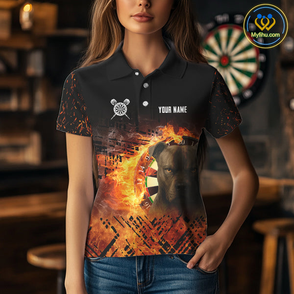 Personalized Fire Pitbull Dart Shirts For Women – Custom Flaming Darts Team Polo & 1/4 Zip Jerseys TDM4056