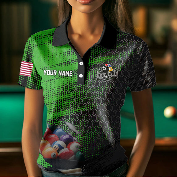 Green And Black Billiard Polo & Quarter-Zip Shirts For Women Custom Billiard Team Shirts Pool Jerseys TDM3474