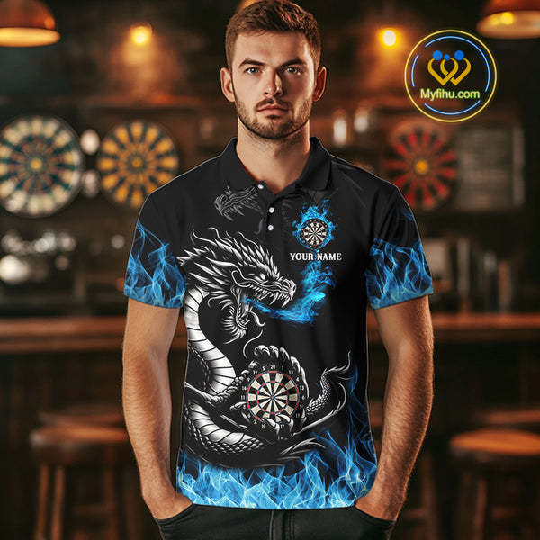 Personalized Blue Flaming Dragon Dart Shirts For Men Custom Darts Team Jerseys Polo & Quarter Zip TDM4060
