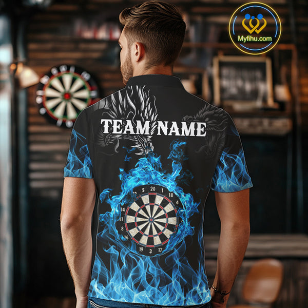 Personalized Blue Flaming Dragon Dart Shirts For Men Custom Darts Team Jerseys Polo & Quarter Zip TDM4060