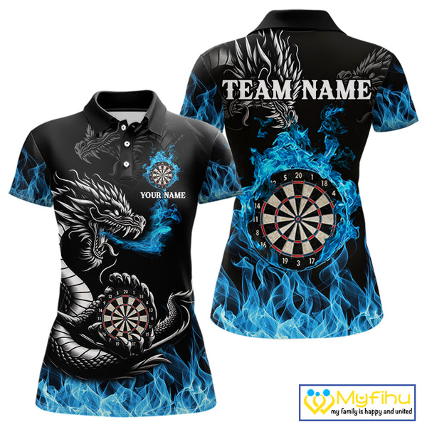 Personalized Blue Flaming Dragon Dart Shirts For Women Custom Darts Team Jerseys Polo & Quarter Zip TDM4060