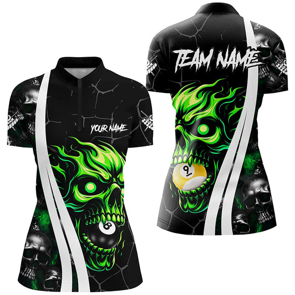 Green Billiard Skull 8 Ball & 9 Ball Custom Pool Shirts For Women, Unique Team Billiard Jersey Design TDM2082