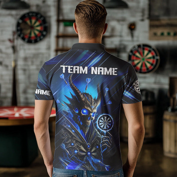 Personalized Blue Glowing Grim Reaper Dart Shirt Polo, Quarter Zip For Men Custom Skull Dart Jersey TDM3640