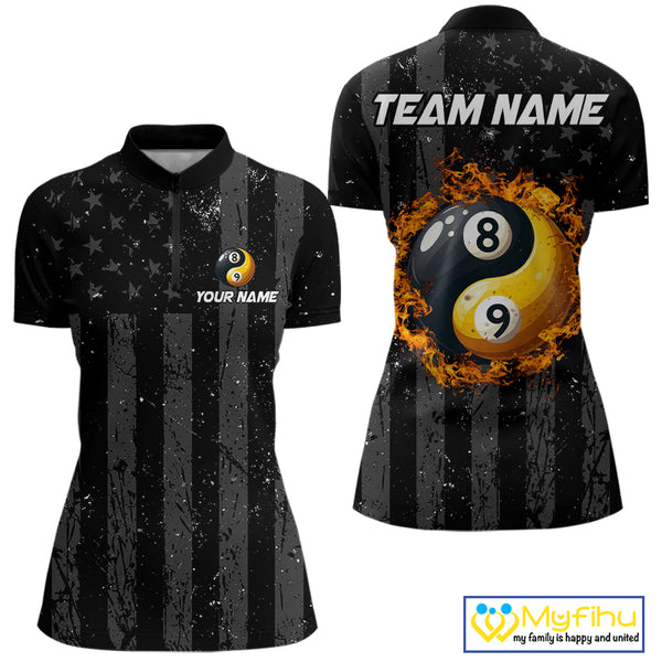 Black US Flag Ying And Yang 8 Ball & 9 Ball Custom Billiard Shirts For Women Funny Billiard Jerseys TDM4082