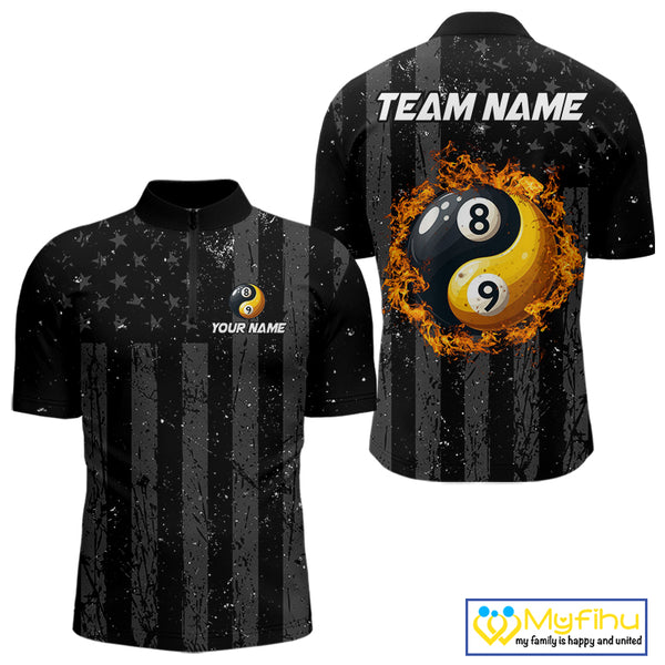 Black US Flag Ying And Yang 8 Ball & 9 Ball Custom Billiard Shirts For Men Funny Billiard Jerseys TDM4082