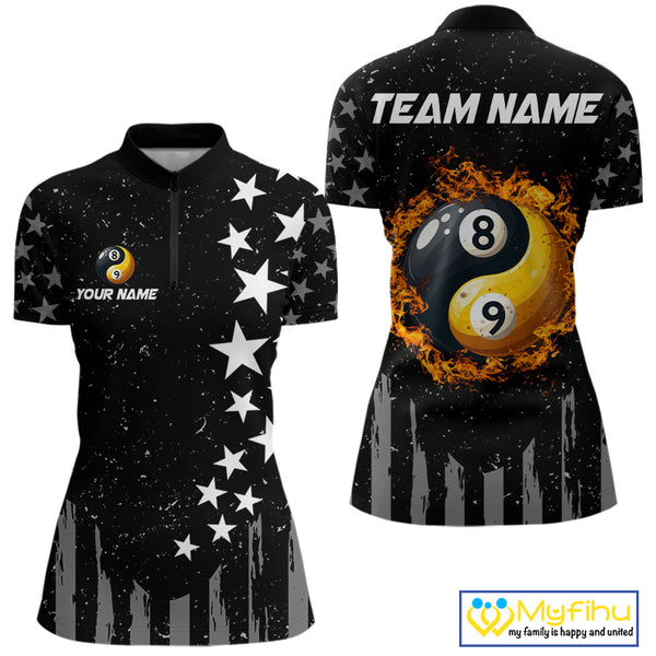 Black US Flag Ying And Yang 8 Ball & 9 Ball Custom Billiard Shirts For Women Funny Billiard Jerseys TDM4083