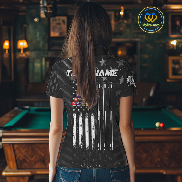Black US Flag 8 Ball Billiard Shirts For Women Custom Patriotic Billiard Team Shirts, Pool Jerseys TDM4084