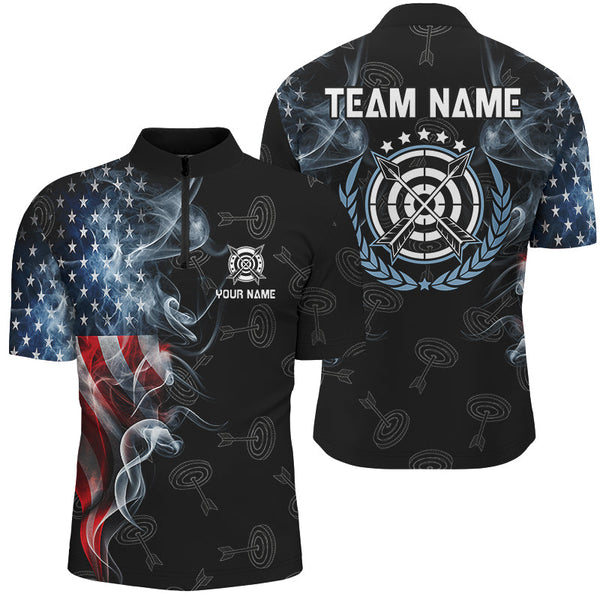 Personalized Smoke USA Flag Archery Polo & 1/4 Zip Shirts For Men, Patriotic Archery Team Jerseys TDM2868