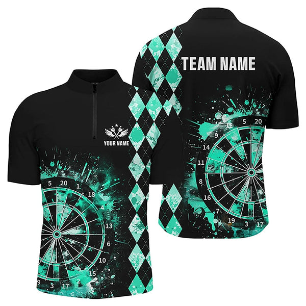 Custom Turquoise Grunge Dartboard Argyle Pattern Dart Shirts For Men, Best Darts Team Jerseys  TDM3343