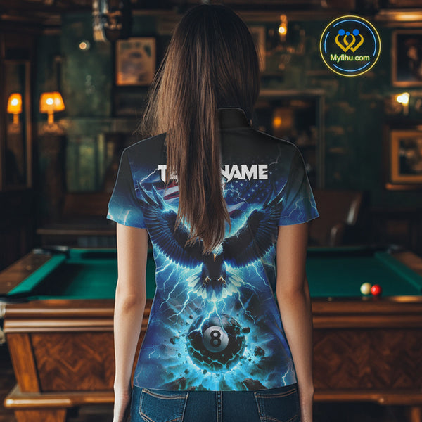 Blue American Flag Eagle Billiard Shirt For Women Custom 8 Ball Thunder Lightning Pool Team Jersey TDM4104