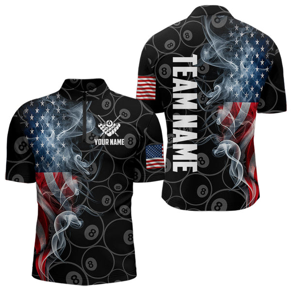 Personalized Smoke US Flag 8 Ball Pool Billiard Polo, 1/4 Zip For Men Team American Billiard Jersey TDM3662