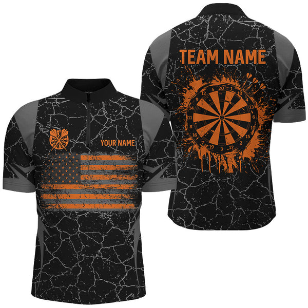 Personalized Orange Retro US Flag Patriotic Men Dart Shirts, Crack Pattern Grunge Dart Jerseys TDM2649