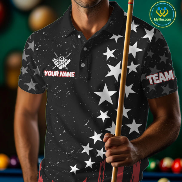 Black Grunge American Flag Billiard Shirt For Men Custom Patriotic Billiard Pool Jersey TDM3824