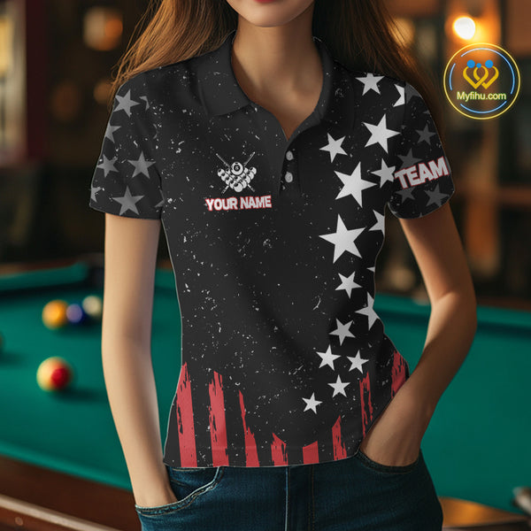 Black Grunge American Flag Billiard Shirt For Women Custom Patriotic Billiard Pool Jersey TDM3824