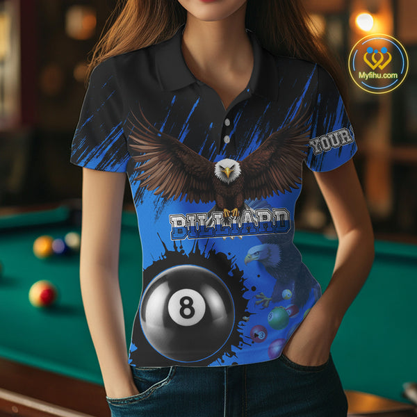 Personalized Eagle 8 Ball Pool Billiard Shirt For Women, Billiard Jerseys Team Polo & 1/4 Zip|Blue TDM3827