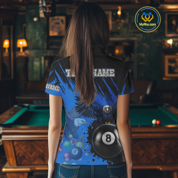 Personalized Eagle 8 Ball Pool Billiard Shirt For Women, Billiard Jerseys Team Polo & 1/4 Zip|Blue TDM3827