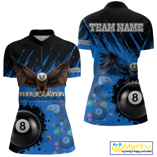 Personalized Eagle 8 Ball Pool Billiard Shirt For Women, Billiard Jerseys Team Polo & 1/4 Zip|Blue TDM3827