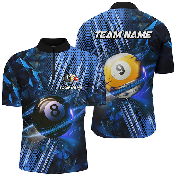 Billiard 8 Ball & 9 Ball Glowing Blue Custom Men Polo & Quarter-Zip Shirt, Billiard Apparel Attire TDM1732