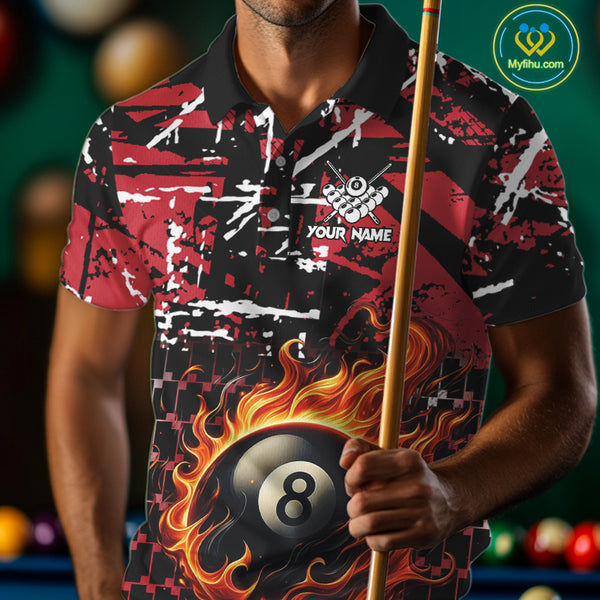 Grunge Black And Red Flaming 8 Ball Pool Men's Billiard Shirts Custom Billiard Jerseys Team Shirts TDM3833