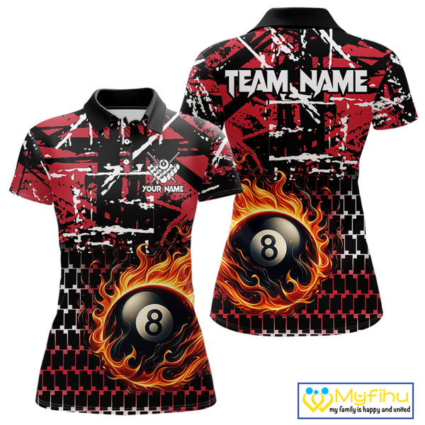 Grunge Black And Red Flaming 8 Ball Pool Women's Billiard Shirts Custom Billiard Jerseys Team Shirts TDM3833