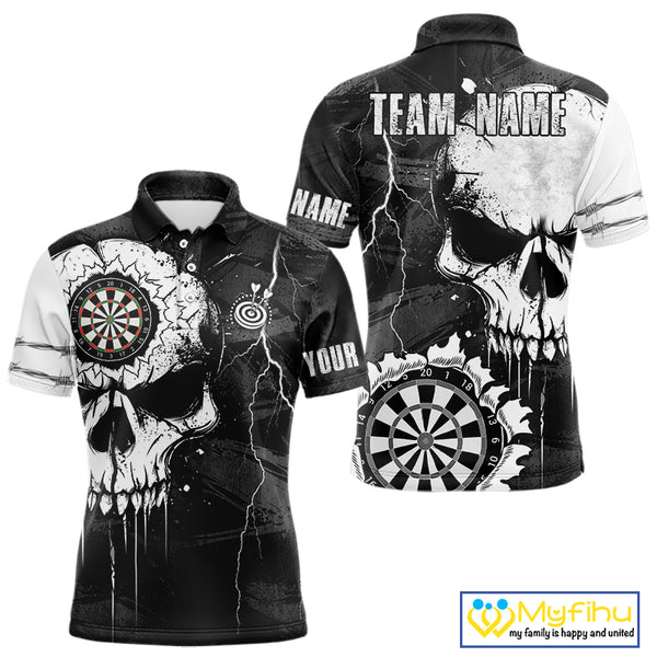 Custom Black And White Grunge Skull Dart Shirts For Men | Team Darts Jerseys - Polo & Quarter Zip TDM3955