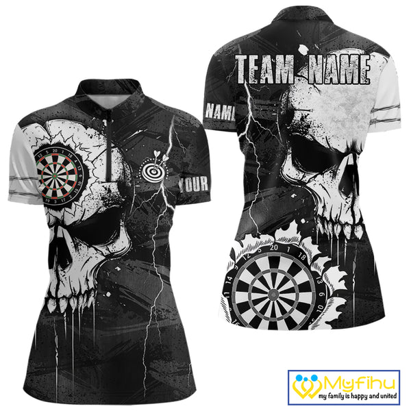 Custom Black And White Grunge Skull Dart Shirts For Women | Team Darts Jerseys - Polo & Quarter Zip TDM3955
