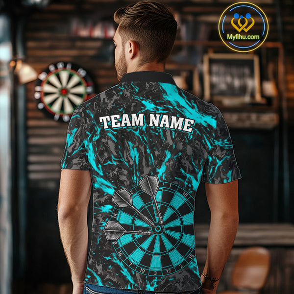 Custom Black And Blue Grunge Camo Dart Shirts For Men, Camouflage Dart Team Jersey Polo & 1/4 Zip TDM3960
