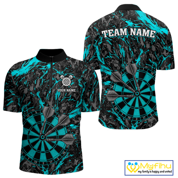Custom Black And Blue Grunge Camo Dart Shirts For Men, Camouflage Dart Team Jersey Polo & 1/4 Zip TDM3960