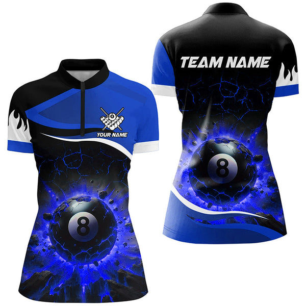 Personalized Blue 8 Ball Pool Crack Flame Women Billiard Jerseys, Team League Billiard Team Shirts TDM2439