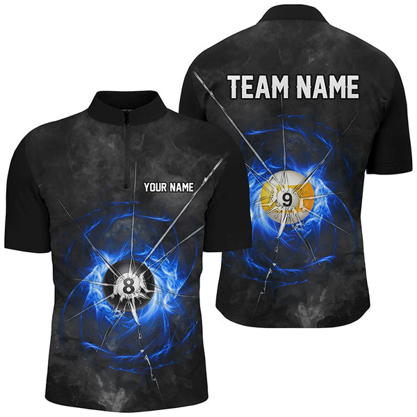 Billiard Ball 8 & Ball 9 Crack Glass Custom Men Polo & Quarter-Zip Shirts, Billiard Jersey |Blue TDM1744