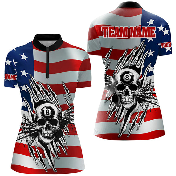 Personalized Billiard Skull American Flag Women Polo & Quarter-Zip Shirts, Patriotic Billiard Jerseys TDM1751