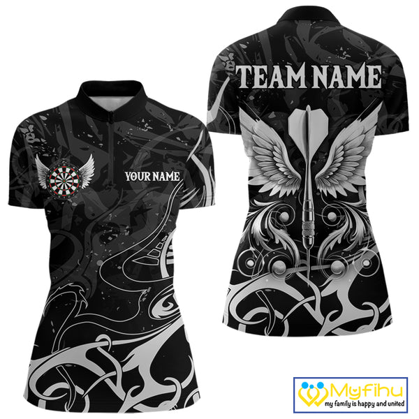 Grey And Black Custom Wings Darts Shirt For Women, Darts Jersey Pocket Option TDM3841