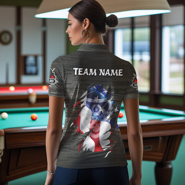 Personalized Grey Grunge American Flag Billiard Shirts For Women Custom Patriotic Billiard Jerseys TDM3379