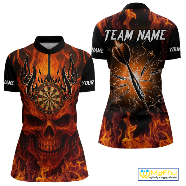 Orange Flaming Skull Women's Dart Jerseys Custom Dart Fire Lightning Darts Team Shirt Polo & 1/4 Zip TDM3856