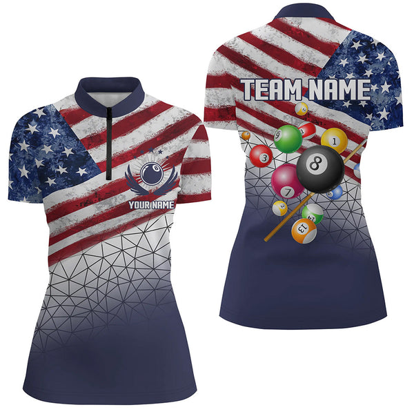 Customized US Flag 3D Billiard Balls Women Polo & Quarter-Zip Shirt, Patriotic Billiard Jersey Attire TDM1771