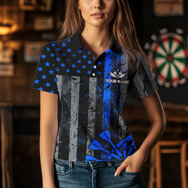 Custom Blue Grunge US Flag Patriotic Darts Shirt For Women, Retro Darts Board Darts Team Jerseys TDM2184
