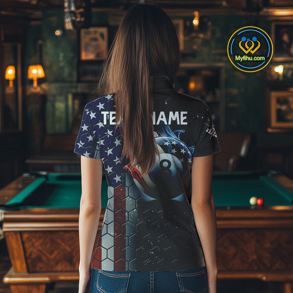 Custom Billiard Jersey For Women, 8 Ball Pool Shirt With American Flag, Billiard Polo & 1/4 Zip Shirt TDM3867