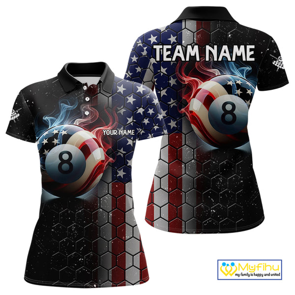 Custom Billiard Jersey For Women, 8 Ball Pool Shirt With American Flag, Billiard Polo & 1/4 Zip Shirt TDM3867