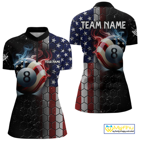 Custom Billiard Jersey For Women, 8 Ball Pool Shirt With American Flag, Billiard Polo & 1/4 Zip Shirt TDM3867