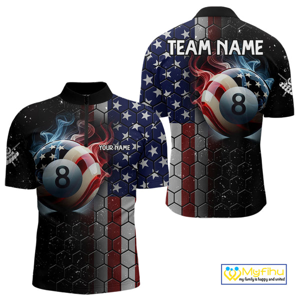 Custom Billiard Jersey For Men, 8 Ball Pool Shirt With American Flag, Billiard Polo & 1/4 Zip Shirt TDM3867