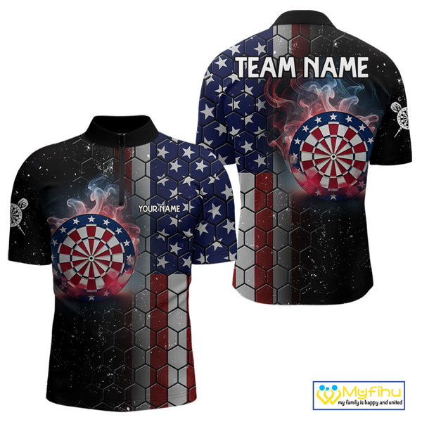 American Flag Smoke Dartboard Hexagon Grunge Dart Shirts For Men Custom Team Patriotic Dart Jersey TDM3868