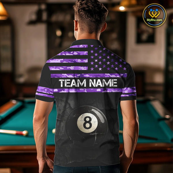 Customized Retro 8 Ball Pool Purple Camo US Flag Billiard Shirt For Men, Patriotic Billiard Jersey TDM4331