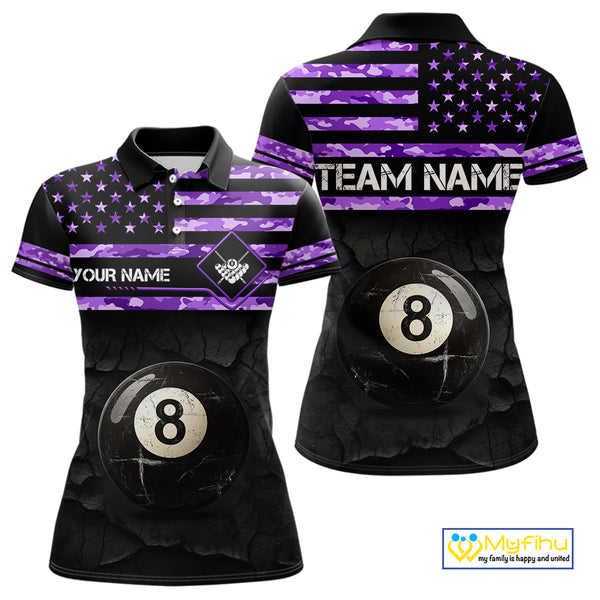 Customized Retro 8 Ball Pool Purple Camo US Flag Billiard Shirt For Women, Patriotic Billiard Jersey TDM4331